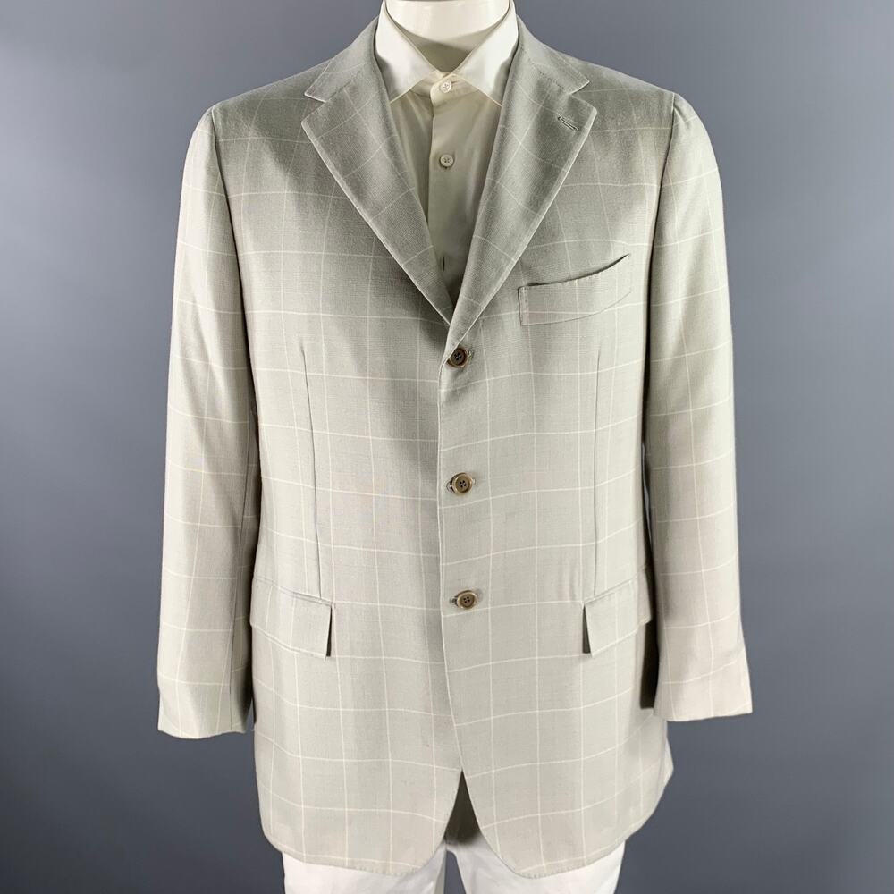 KITON Size 45 Grey Window Pane Cashmere Notch Lapel Sport Coat
